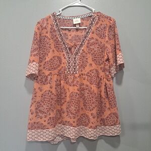 Knox Rose Terracotta Paisley Floral V-Neck Babydoll Blouse Top Womens Medium